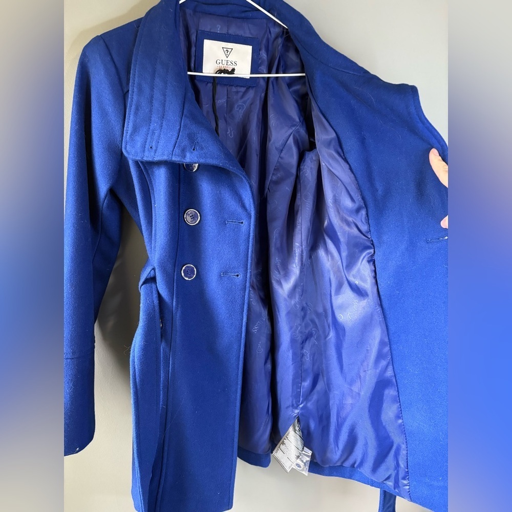 Guess Royal Blue Wool Blend Belted Peacoat XS | Double Breasted Dress Coat - Picture 6 of 8